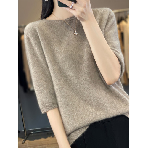 100純羊毛五分袖打底衫女2025新款秋冬內搭洋氣大碼女裝針織毛衣