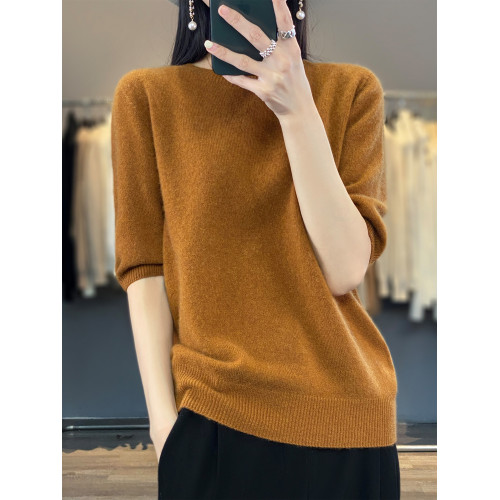 100純羊毛五分袖打底衫女2025新款秋冬內搭洋氣大碼女裝針織毛衣