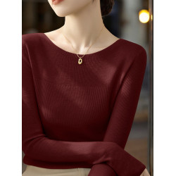 Basic House/百家好法式一字領針織衫女士早秋圓領修身內搭打底衫