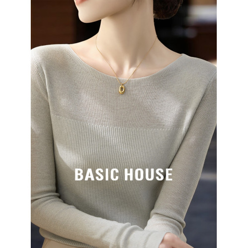 Basic House/百家好法式一字領針織衫女士早秋圓領修身內搭打底衫