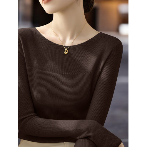 Basic House/百家好法式一字領針織衫女士早秋圓領修身內搭打底衫