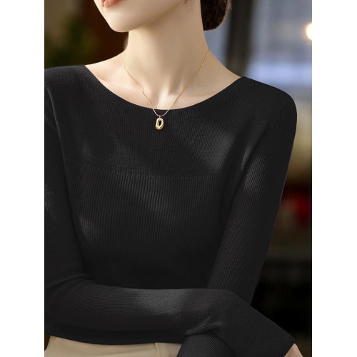 Basic House/百家好法式一字領針織衫女士早秋圓領修身內搭打底衫