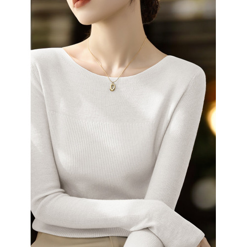 Basic House/百家好法式一字領針織衫女士早秋圓領修身內搭打底衫