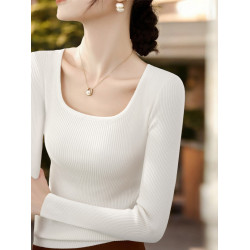 Basic House/百家好方領U領內搭上衣早秋氣質修身長袖針織打底衫