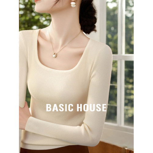 Basic House/百家好方領U領內搭上衣早秋氣質修身長袖針織打底衫