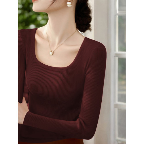 Basic House/百家好方領U領內搭上衣早秋氣質修身長袖針織打底衫