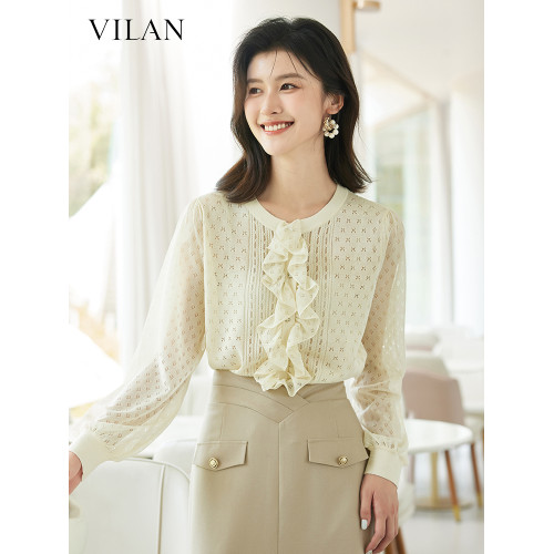 vilan/慧蘭針織開衫女2025秋季新款通勤簡約法式荷葉邊長袖打底衫