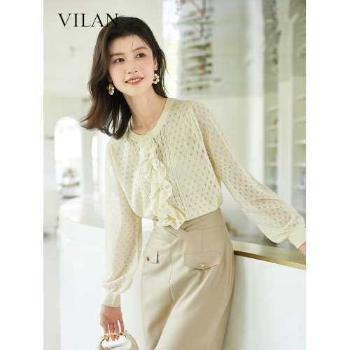vilan/慧蘭針織開衫女2025秋季新款通勤簡約法式荷葉邊長袖打底衫