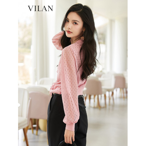 vilan/慧蘭針織開衫女2025秋季新款通勤簡約法式荷葉邊長袖打底衫