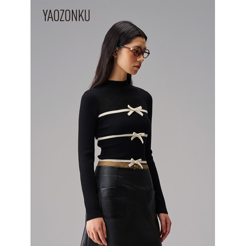 YAOZONKU姚宗穀25春季蝴蝶結設計修身打底衫內搭羊毛針織衫上衣女