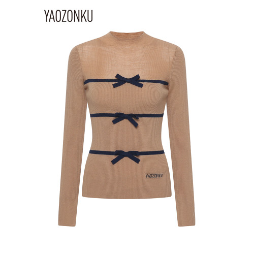 YAOZONKU姚宗穀25春季蝴蝶結設計修身打底衫內搭羊毛針織衫上衣女