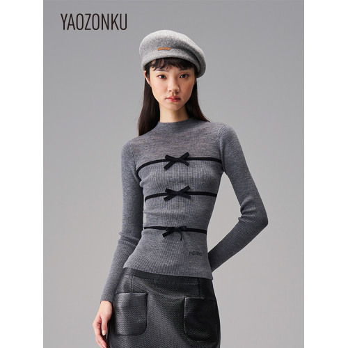 YAOZONKU姚宗穀25春季蝴蝶結設計修身打底衫內搭羊毛針織衫上衣女