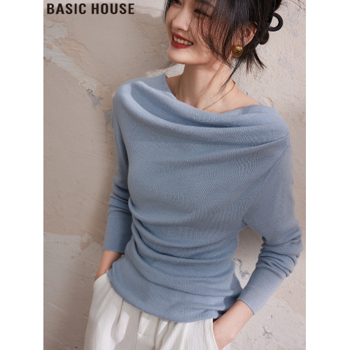 Basic House/百家好一字肩蕩領內搭針織毛衣打底衫女2025春季新款