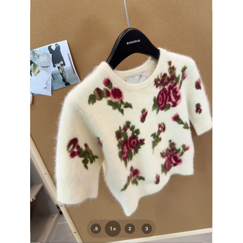 花卉提花短袖針織上衣女法式復古溫柔風2025年新款百搭圓領打底衫