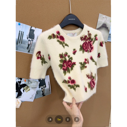 花卉提花短袖針織上衣女法式復古溫柔風2025年新款百搭圓領打底衫