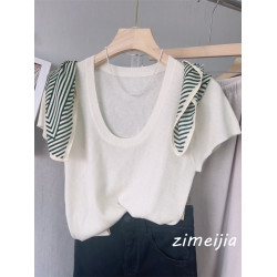 32.8%超細綿羊毛~~氣質U領全羊毛短袖上衣女打底衫修身顯瘦2025春