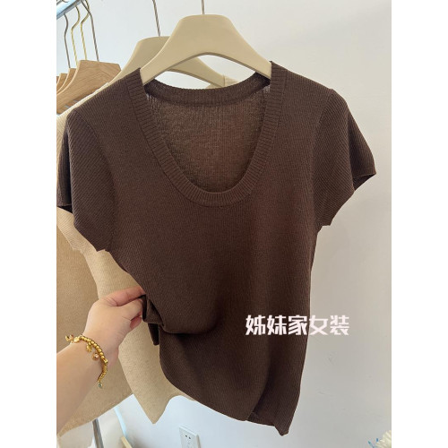 32.8%超細綿羊毛~~氣質U領全羊毛短袖上衣女打底衫修身顯瘦2025春