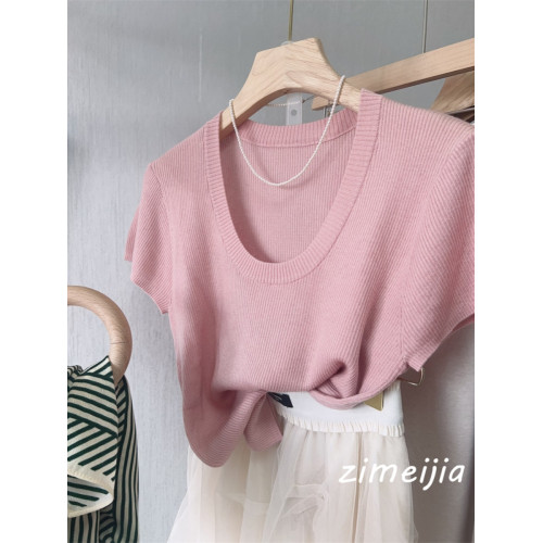 32.8%超細綿羊毛~~氣質U領全羊毛短袖上衣女打底衫修身顯瘦2025春