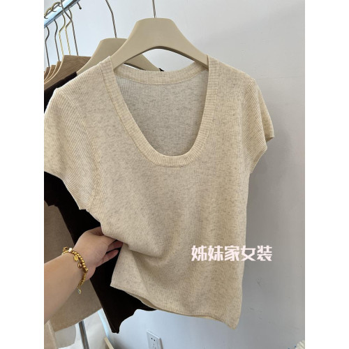 32.8%超細綿羊毛~~氣質U領全羊毛短袖上衣女打底衫修身顯瘦2025春