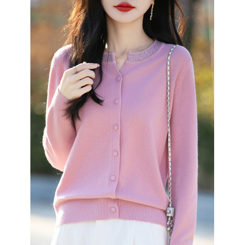 2025新款春秋羊毛圓領針織開衫女外套寬松毛衣外搭長袖打底衫上衣