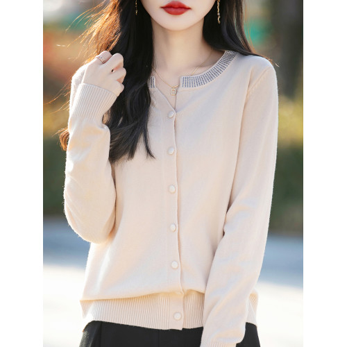 2025新款春秋羊毛圓領針織開衫女外套寬松毛衣外搭長袖打底衫上衣