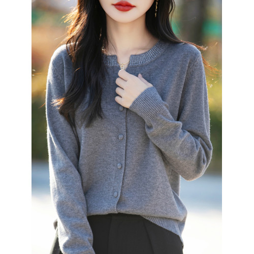 2025新款春秋羊毛圓領針織開衫女外套寬松毛衣外搭長袖打底衫上衣