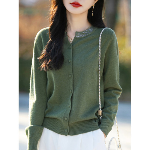 2025新款春秋羊毛圓領針織開衫女外套寬松毛衣外搭長袖打底衫上衣