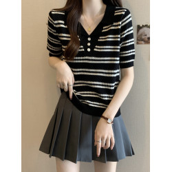 胖mm遮肚顯瘦v領條紋針織短袖打底衫女夏季新款洋氣減齡冰絲上衣