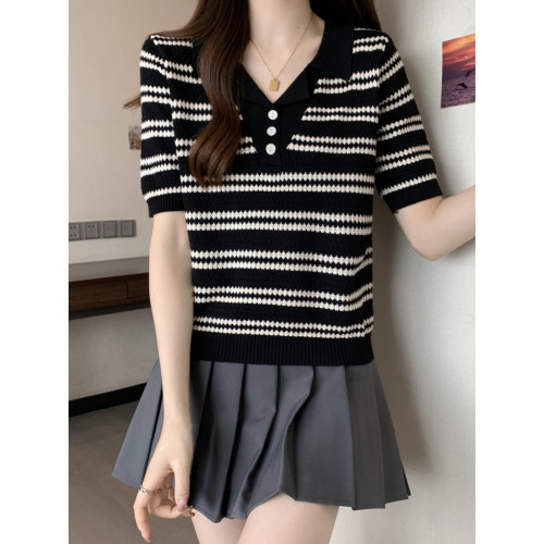 胖mm遮肚顯瘦v領條紋針織短袖打底衫女夏季新款洋氣減齡冰絲上衣