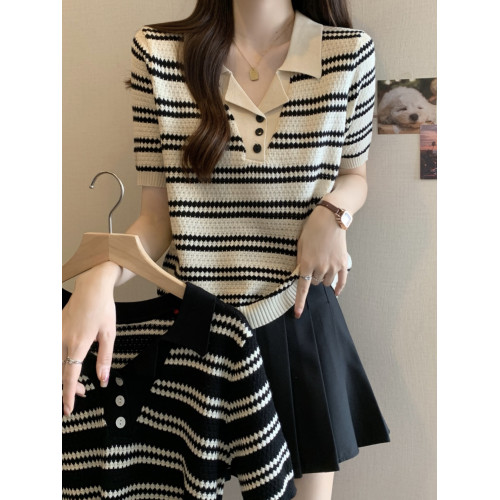 胖mm遮肚顯瘦v領條紋針織短袖打底衫女夏季新款洋氣減齡冰絲上衣