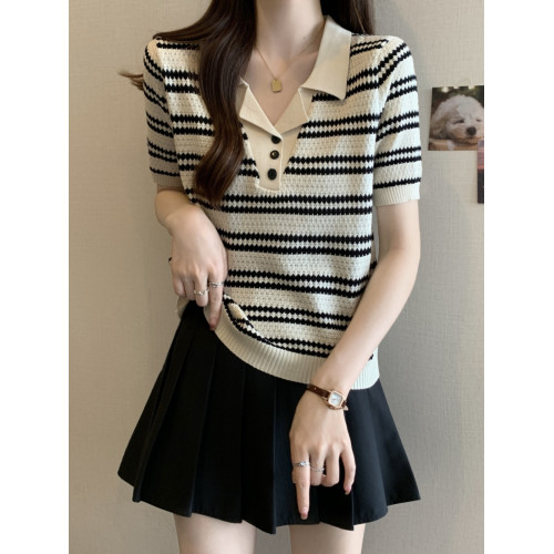 胖mm遮肚顯瘦v領條紋針織短袖打底衫女夏季新款洋氣減齡冰絲上衣