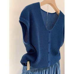 韓系藍色軟糯親膚飛飛袖針織衫女2025新款春秋大碼V領內搭打底衫