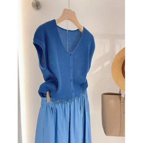 韓系藍色軟糯親膚飛飛袖針織衫女2025新款春秋大碼V領內搭打底衫