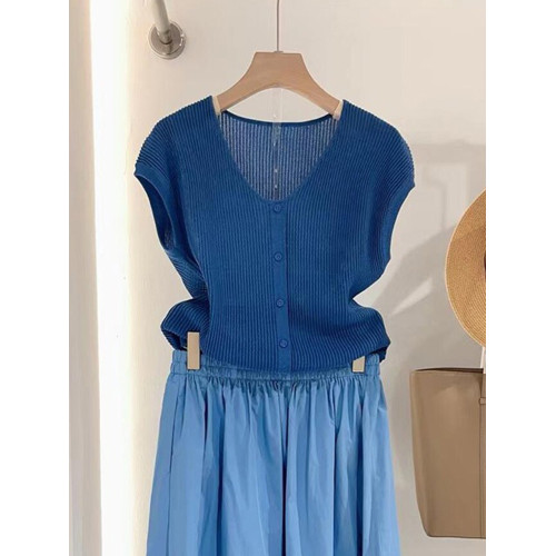 韓系藍色軟糯親膚飛飛袖針織衫女2025新款春秋大碼V領內搭打底衫