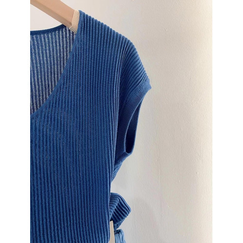 韓系藍色軟糯親膚飛飛袖針織衫女2025新款春秋大碼V領內搭打底衫