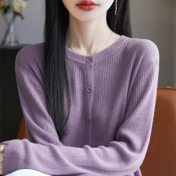 春夏新款精紡羊毛圓領針織開衫女外套薄款長袖純色打底衫上衣外穿