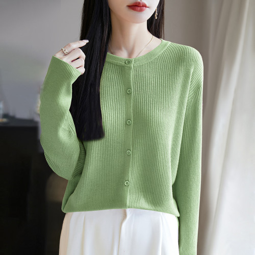 春夏新款精紡羊毛圓領針織開衫女外套薄款長袖純色打底衫上衣外穿