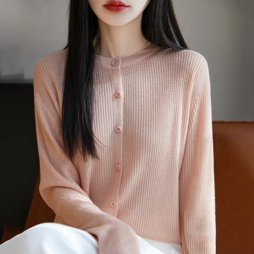 春夏新款精紡羊毛圓領針織開衫女外套薄款長袖純色打底衫上衣外穿