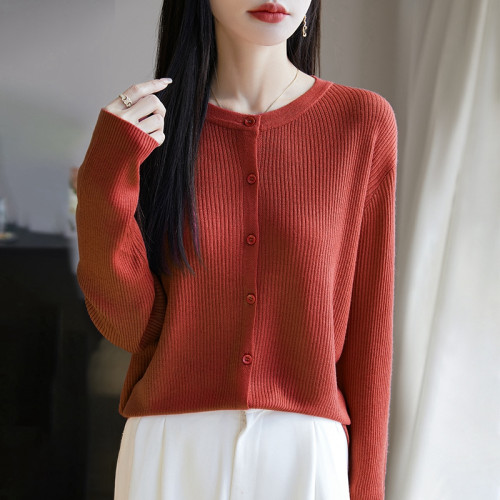 春夏新款精紡羊毛圓領針織開衫女外套薄款長袖純色打底衫上衣外穿