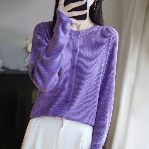 春夏新款精紡羊毛圓領針織開衫女外套薄款長袖純色打底衫上衣外穿