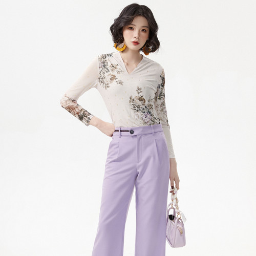 奧萊品牌折釦 JR春裝2025新款 甜美氣質長袖高彈印花針織打底衫女