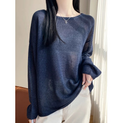 一字領微透亞麻針織打底衫寬松慵懶風和紙紗高級感長袖罩衫防曬衫