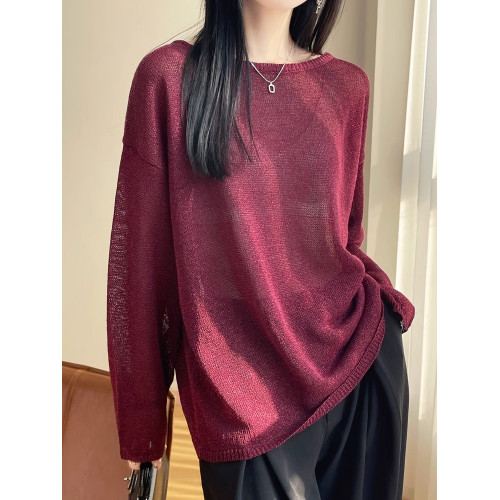 一字領微透亞麻針織打底衫寬松慵懶風和紙紗高級感長袖罩衫防曬衫