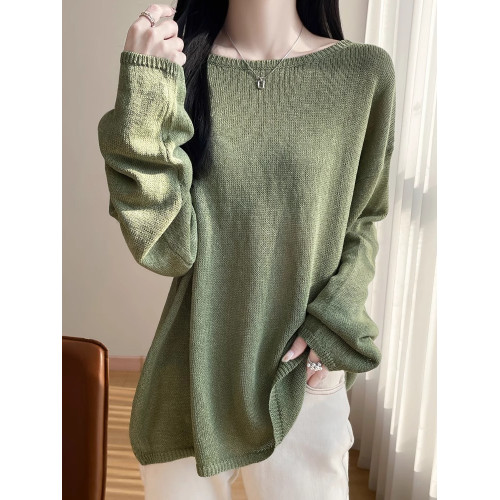 一字領微透亞麻針織打底衫寬松慵懶風和紙紗高級感長袖罩衫防曬衫