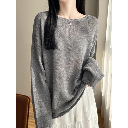 一字領微透亞麻針織打底衫寬松慵懶風和紙紗高級感長袖罩衫防曬衫