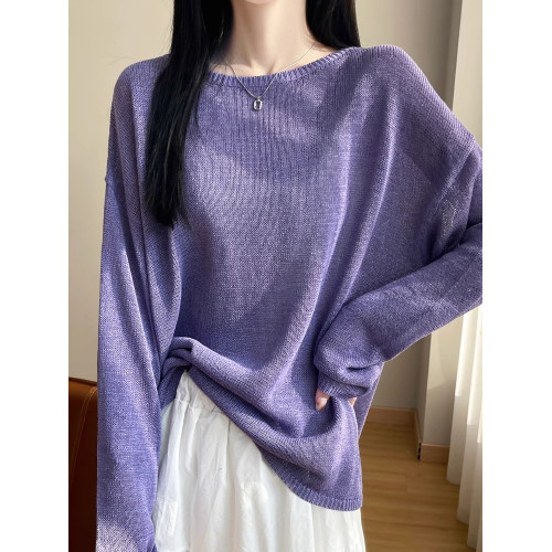 一字領微透亞麻針織打底衫寬松慵懶風和紙紗高級感長袖罩衫防曬衫