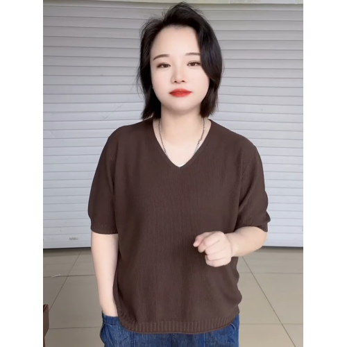 夏季高級感V領短袖針織衫女大碼胖mm寬松打底衫基礎款套頭上衣潮