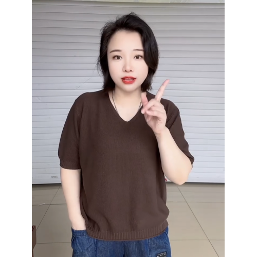 夏季高級感V領短袖針織衫女大碼胖mm寬松打底衫基礎款套頭上衣潮