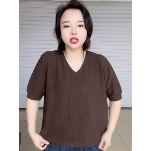 夏季高級感V領短袖針織衫女大碼胖mm寬松打底衫基礎款套頭上衣潮