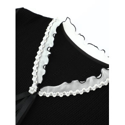 達芙妮/法式蝴蝶結花邊2025夏季短袖針織衫T恤女薄款修身上衣黑色